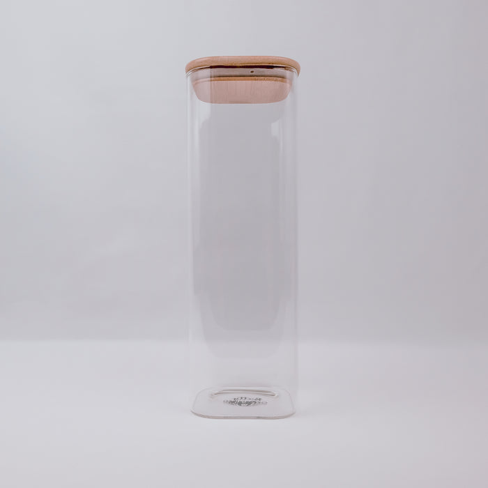 2500ml square glass container with bamboo lid, perfect for pantry and kitchen storage, plus home organisation services NZ.
