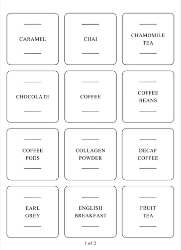 Square labels for drinks and syrups, helping with kitchen storage and pantry organisation in NZ homes.