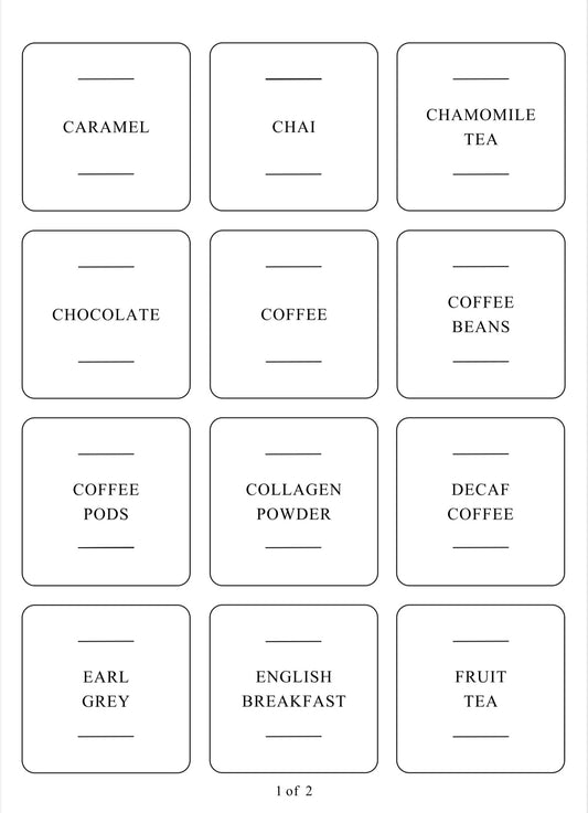 Square labels for drinks and syrups, helping with kitchen storage and pantry organisation in NZ homes.