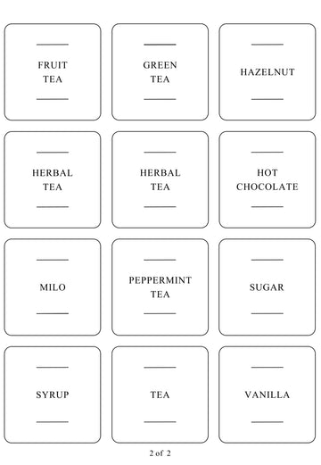 Square labels for drinks and syrups, helping with kitchen storage and pantry organisation in NZ homes.