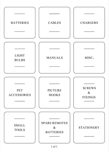 Square labels for home essentials like batteries, cables, and small tools, aiding pantry organisation and decluttering.