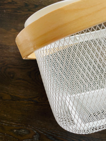 Wire basket with bamboo handle, great for kitchen storage and pantry organisation in NZ homes.
