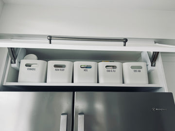 Mini Everything Tubs storing organised medications – perfect for pantry organisation, kitchen storage, and decluttering services NZ.
