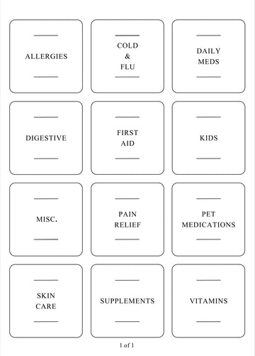 Square labels for medications, ideal for home organisation services and decluttering with clear, practical kitchen storage.