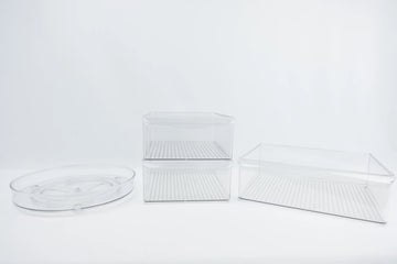 Fridge trays and turntables set for organised fridge storage, perfect for fridge organisation, kitchen storage, and decluttering services NZ.
