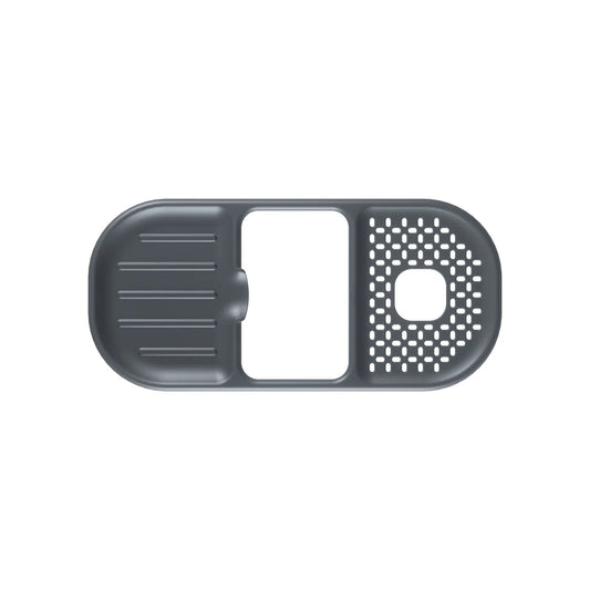 Non-slip flexible sink organiser with cutouts and perforated base, shown flat.