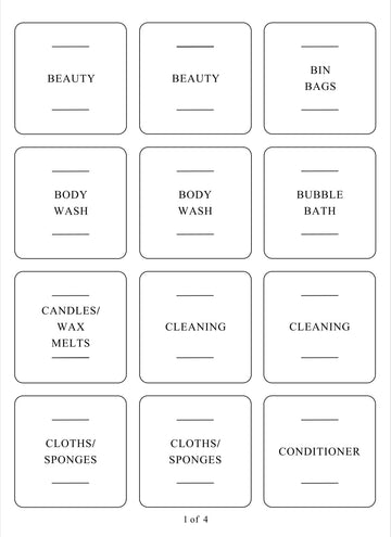 Square labels for laundry, bathroom, and skin care products, perfect for home organisation services and decluttering.