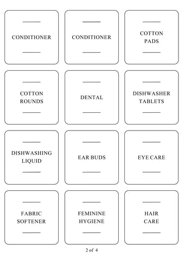 Square labels for laundry, bathroom, and skin care products, perfect for home organisation services and decluttering.