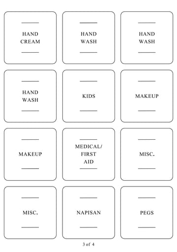 Square labels for laundry, bathroom, and skin care products, perfect for home organisation services and decluttering.