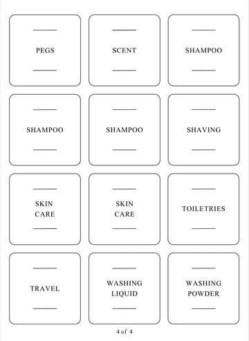 Square labels for laundry, bathroom, and skin care products, perfect for home organisation services and decluttering.