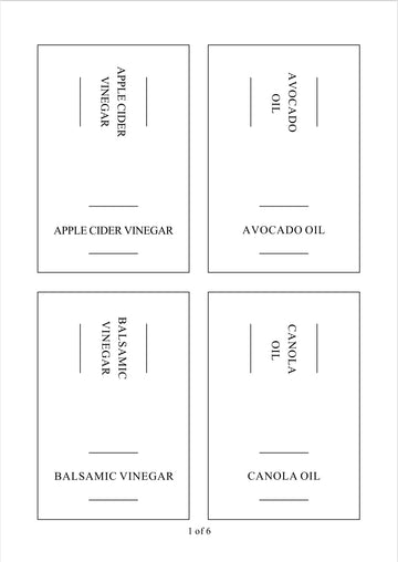 Square labels for oil and vinegar bottles, ideal for kitchen storage and pantry organisation in NZ homes.