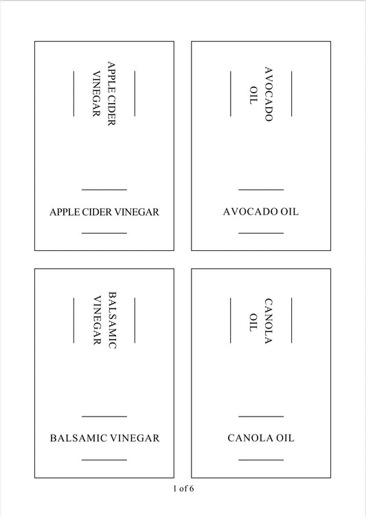 Square labels for oil and vinegar bottles, ideal for kitchen storage and pantry organisation in NZ homes.