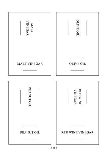 Square labels for oil and vinegar bottles, ideal for kitchen storage and pantry organisation in NZ homes.