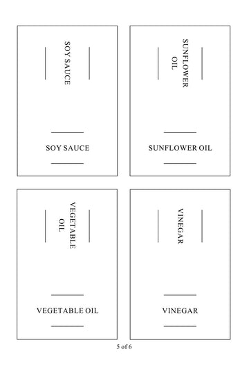 Square labels for oil and vinegar bottles, ideal for kitchen storage and pantry organisation in NZ homes.
