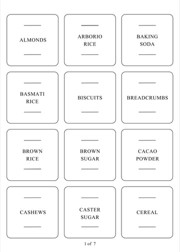 Square labels for pantry items, designed for pantry organisation and kitchen storage to keep NZ homes tidy.