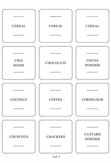 Square labels for pantry items, designed for pantry organisation and kitchen storage to keep NZ homes tidy.
