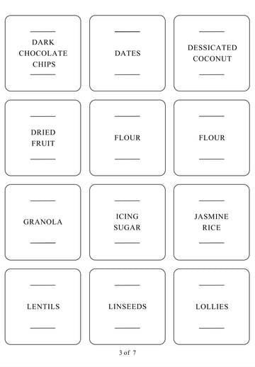 Square labels for pantry items, designed for pantry organisation and kitchen storage to keep NZ homes tidy.