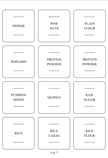 Square labels for pantry items, designed for pantry organisation and kitchen storage to keep NZ homes tidy.