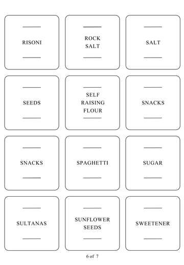 Square labels for pantry items, designed for pantry organisation and kitchen storage to keep NZ homes tidy.