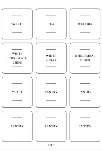Square labels for pantry items, designed for pantry organisation and kitchen storage to keep NZ homes tidy.