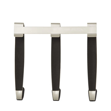 Three nickel-finish over-the-door hooks, ideal for organising clothes or accessories.