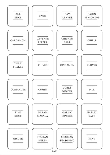 Square labels for spice jars, enhancing pantry organisation and kitchen storage with clear, stylish home essentials.