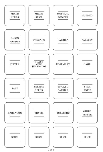 Square labels for spice jars, enhancing pantry organisation and kitchen storage with clear, stylish home essentials.